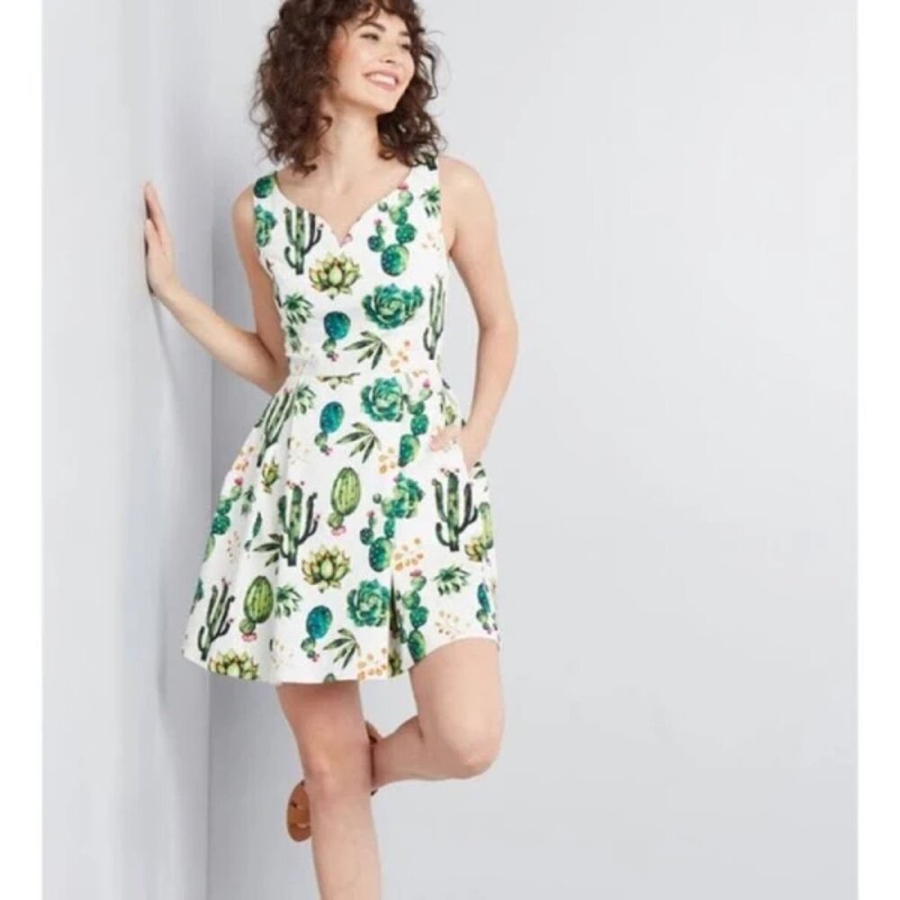 Modcloth x Ixia Dashing Darling A-Line Succulents Cactus Retro Swing Dress